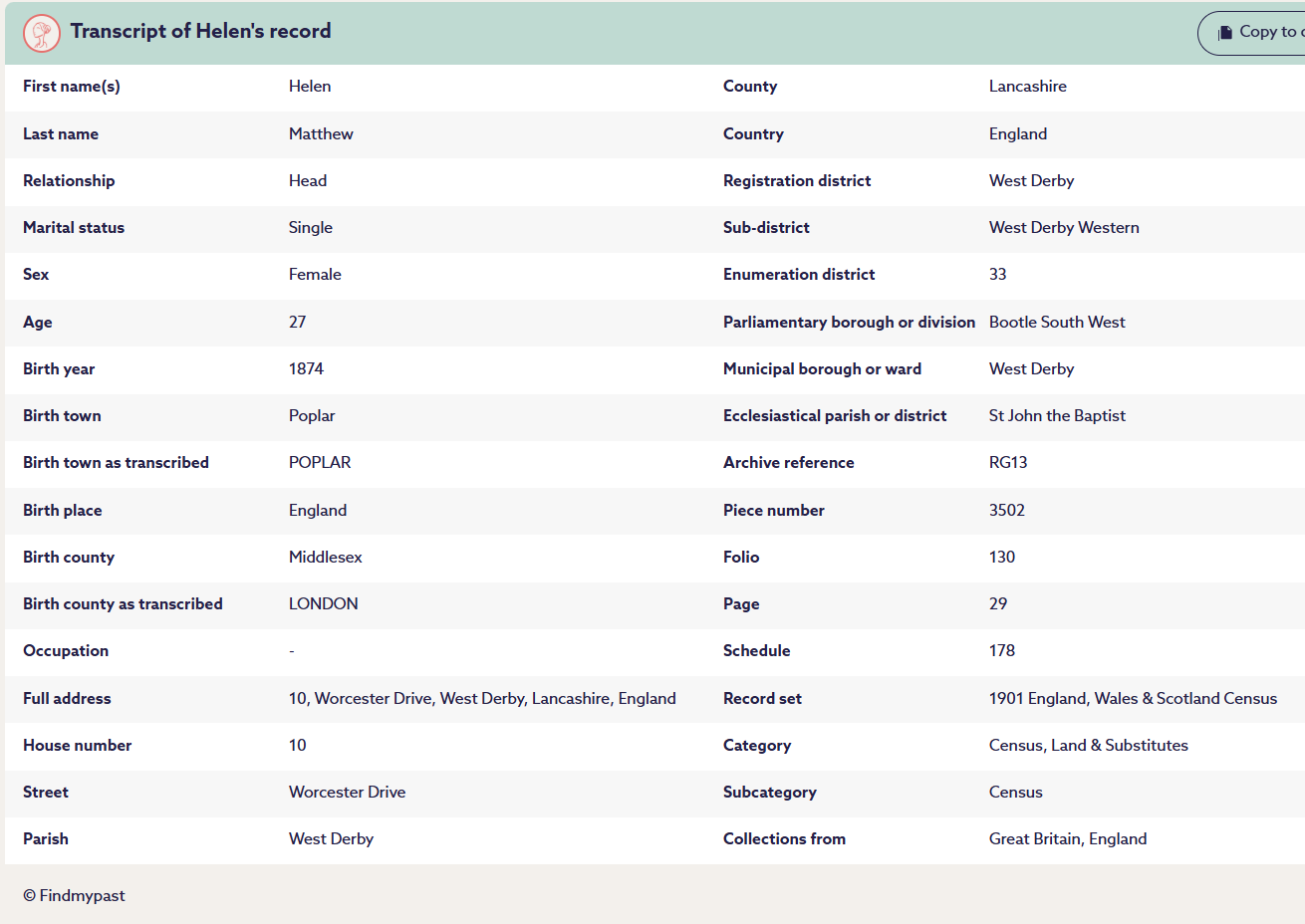 1891 Census Helen Jane Matthew transcript